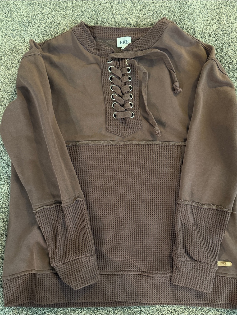 BKE Chocolate Brown Lace-Up Waffle Pullover
